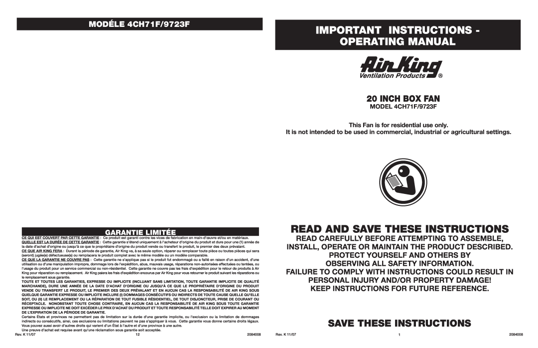 Air King manual Important Instructions Operating Manual, Save These Instructions, Inch Box Fan, MODÉLE 4CH71F/9723F 
