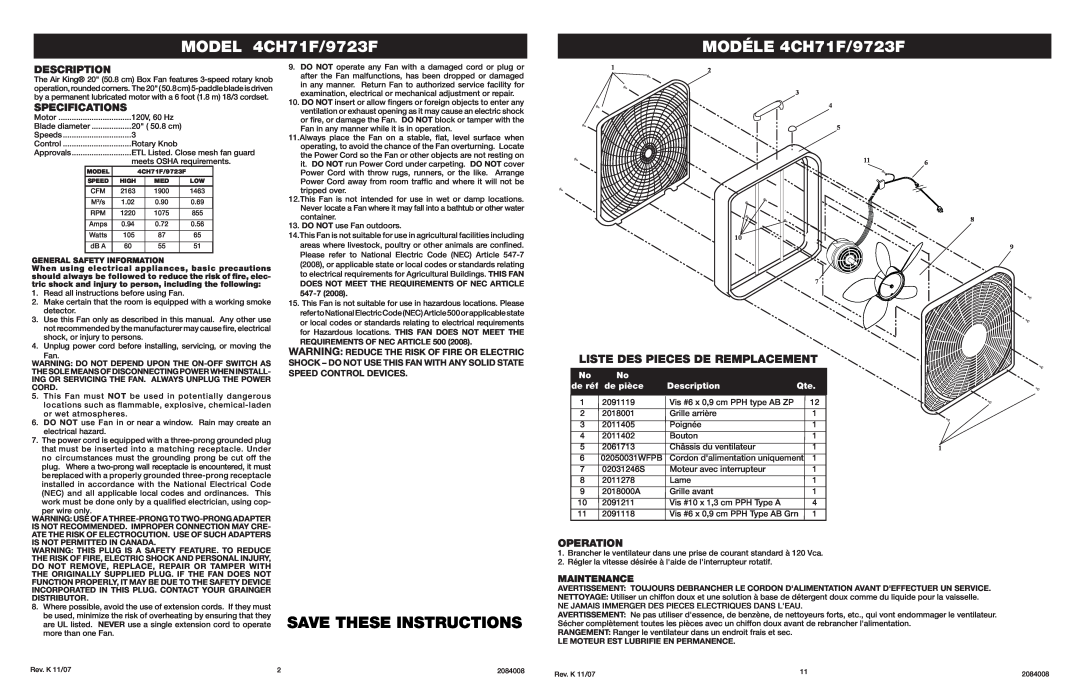 Air King manual MODEL 4CH71F/9723F, Save These Instructions, Description, Specifications, Operation, de réf, de pièce 