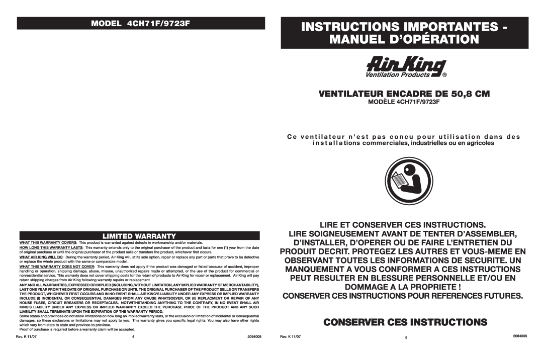 Air King VENTILATEUR ENCADRE DE 50,8 CM, Lire Et Conserver Ces Instructions, Limited Warranty, MODÈLE 4CH71F/9723F 