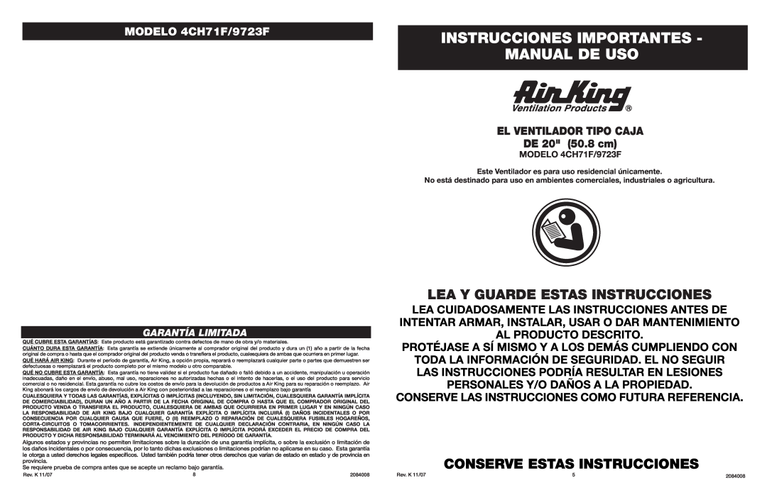 Air King 4CH71F Instrucciones Importantes Manual De Uso, Lea Y Guarde Estas Instrucciones, Conserve Estas Instrucciones 
