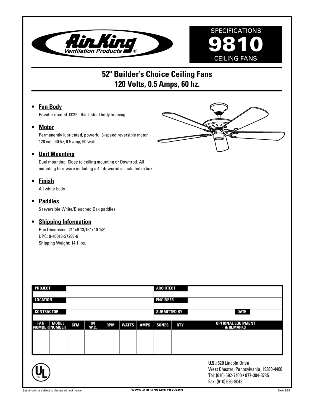 Air King 9810 specifications Builder’s Choice Ceiling Fans Volts, 0.5 Amps, 60 hz 