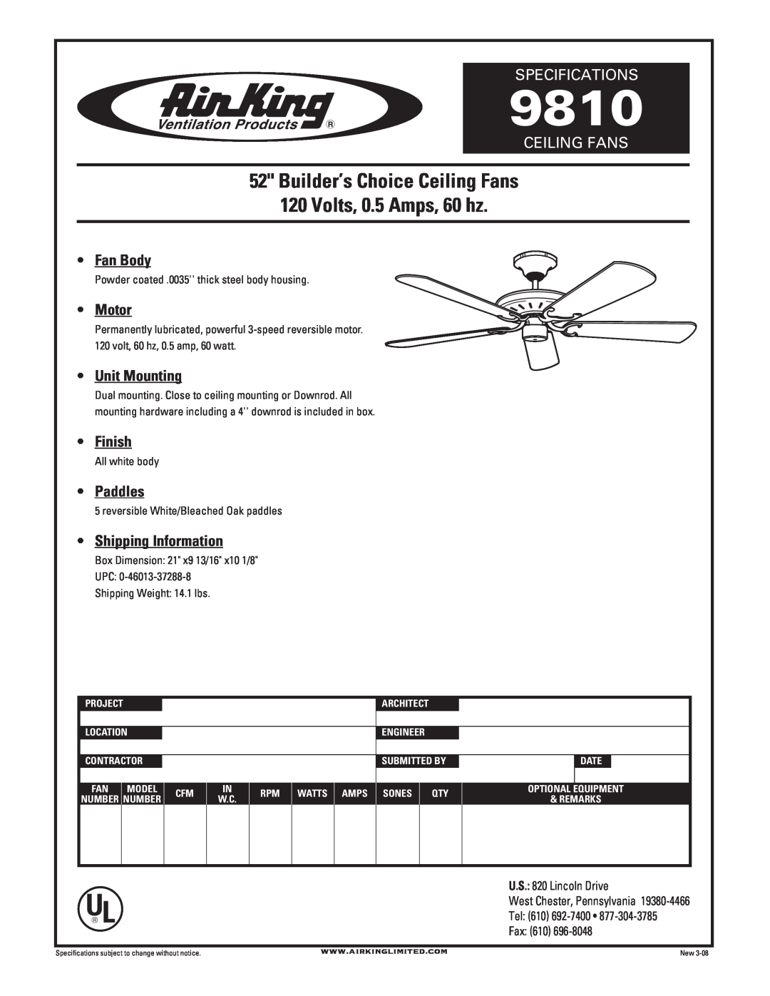 Air King 9810 specifications Builder’s Choice Ceiling Fans 120 Volts, 0.5 Amps, 60 hz, Specifications, Fan Body, Motor 