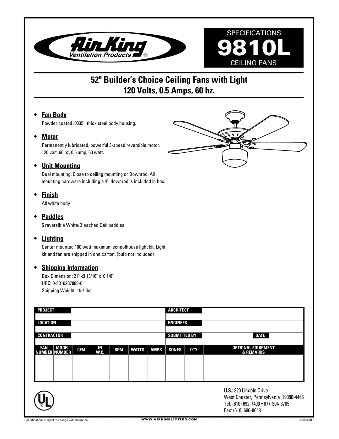 Air King 9810L specifications 