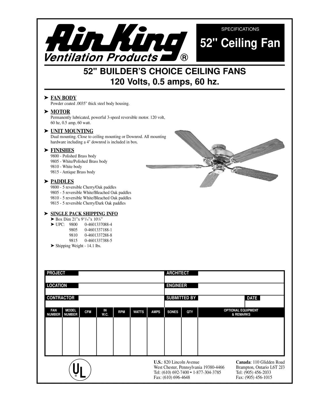 Air King 9800, 9815, 9805 specifications BUILDER’S Choice Ceiling Fans, Volts, 0.5 amps, 60 hz 