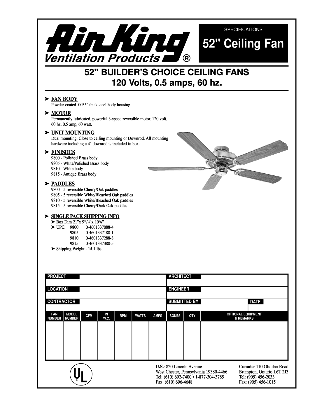 Air King 9800 specifications Ceiling Fan, BUILDER’S CHOICE CEILING FANS 120 Volts, 0.5 amps, 60 hz, F An Body, Mot Or 