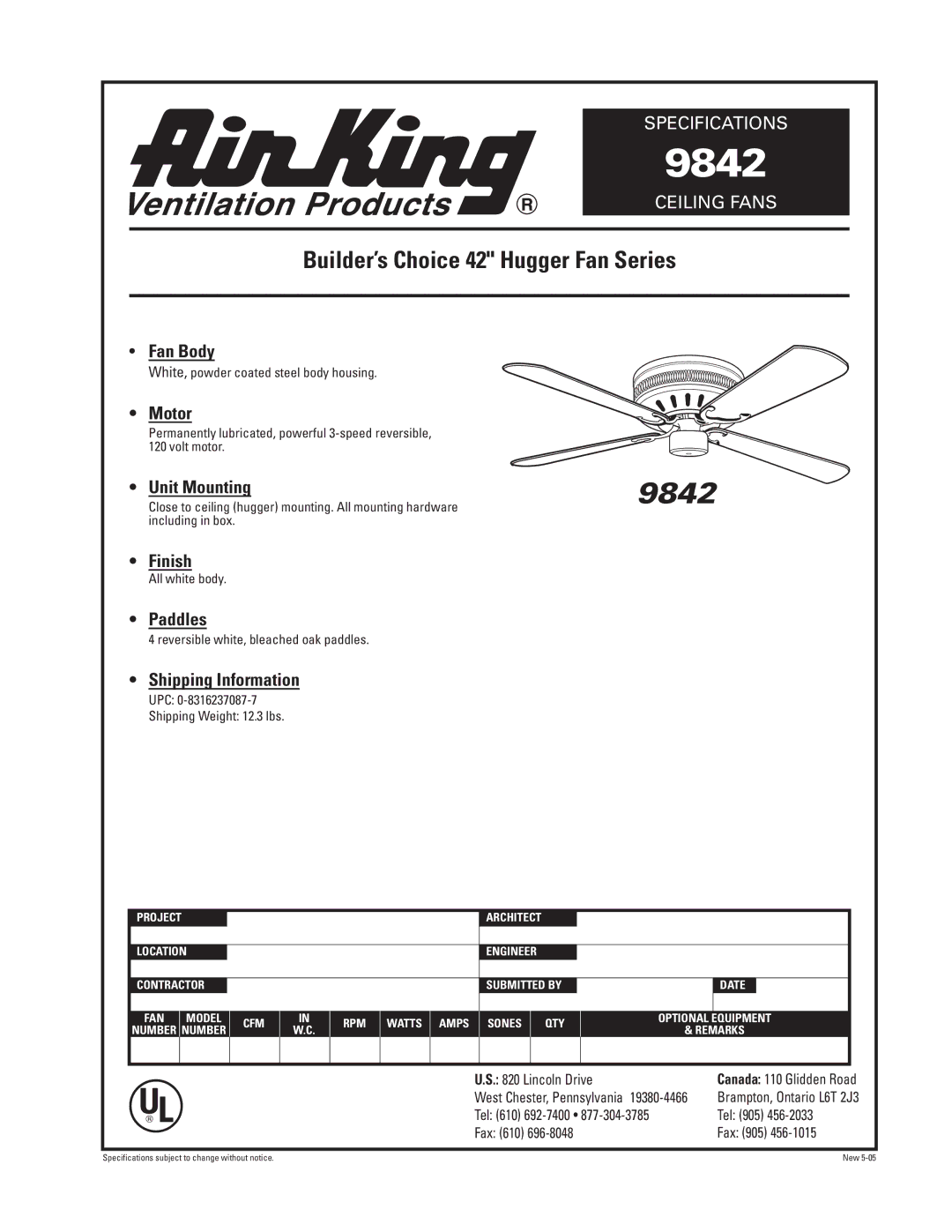 Air King 9842 specifications Builder’s Choice 42 Hugger Fan Series 