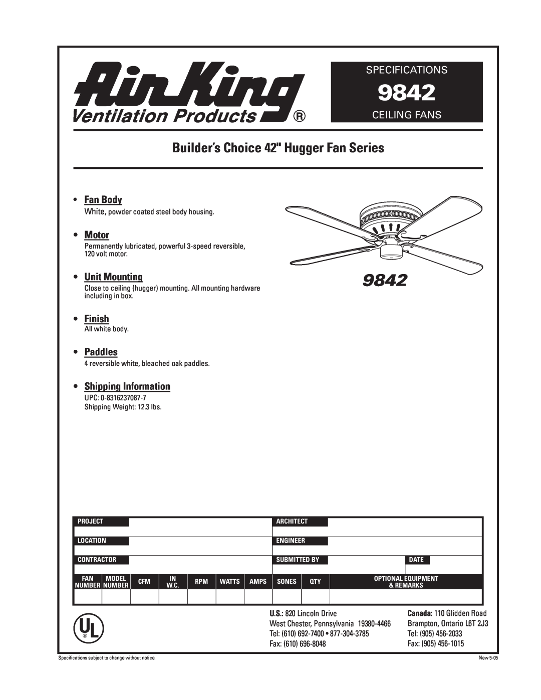 Air King 9842 specifications Builder’s Choice 42 Hugger Fan Series, Specifications, Ceiling Fans, Fan Body, Motor, Finish 