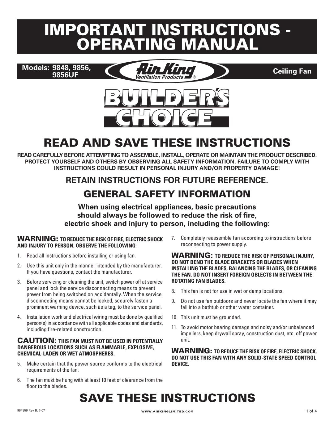 Air King 9848 manual General Safety Information, Read all instructions before installing or using fan 