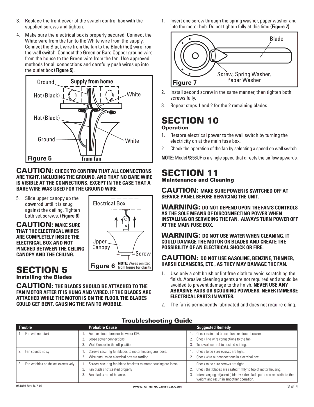 Air King 9848 manual Hot Black Ground, Blade, Electrical Box Upper Canopy Screw 