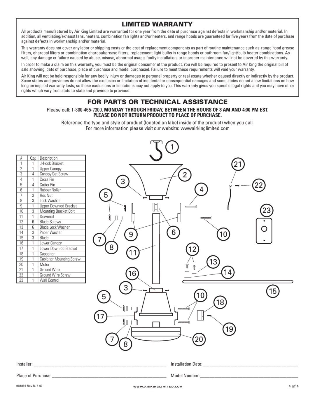 Air King 9848 manual Limited Warranty, Please do not Return Product to Place of Purchase 