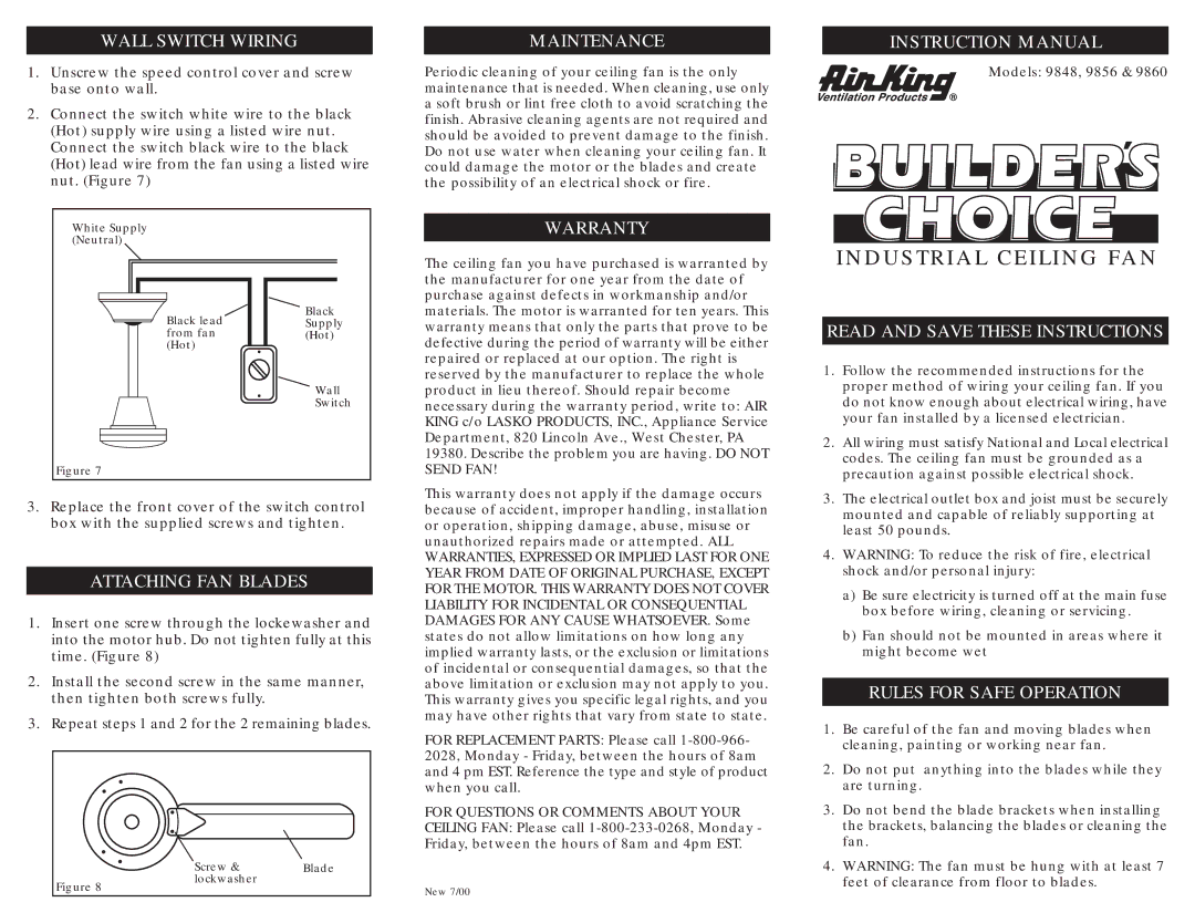 Air King 9848 instruction manual Wall Switch Wiring, Attaching FAN Blades, Maintenance, Warranty, Rules for Safe Operation 