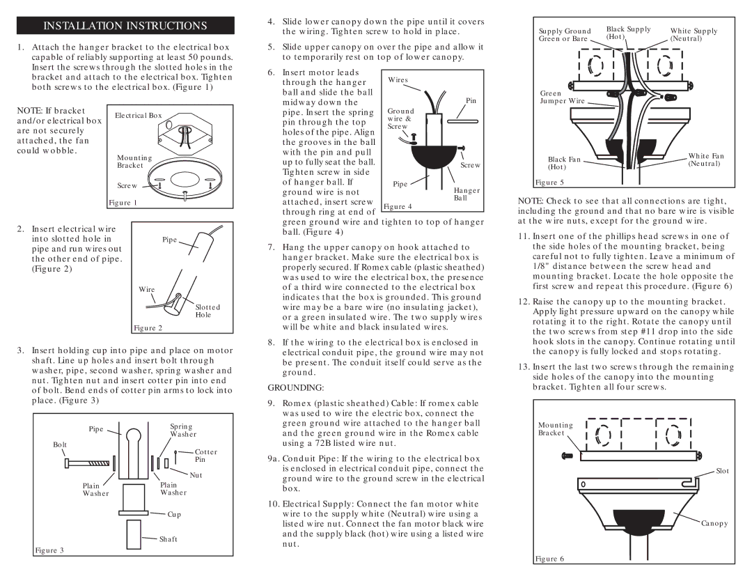 Air King 9848 instruction manual Installation Instructions, Grounding 