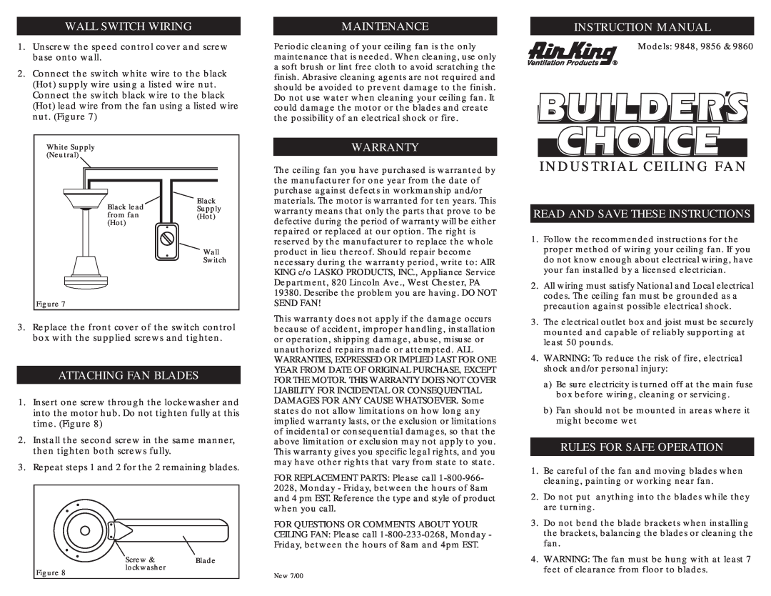 Air King 9848 instruction manual Wall Switch Wiring, Attaching Fan Blades, Maintenance, Warranty, Instruction Manual 