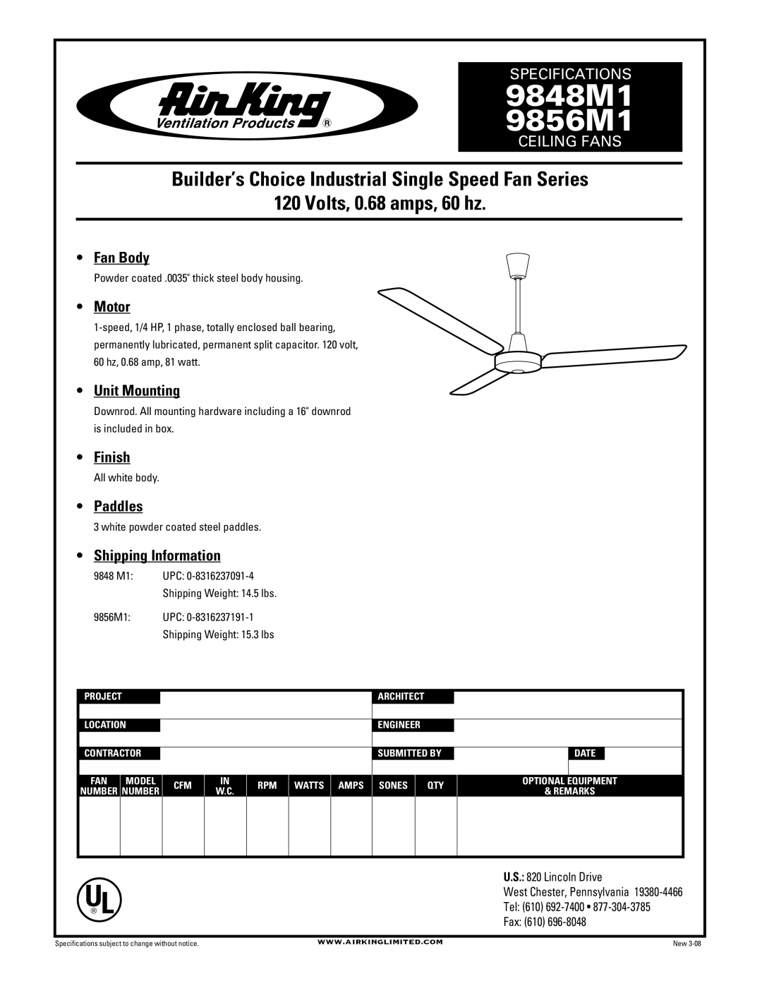 Air King specifications 9848M1 9856M1 