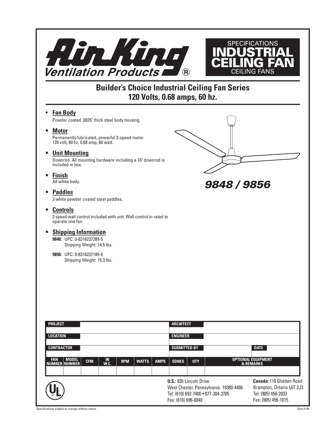 Air King 9856 specifications Industrial Ceiling FAN, 9848 