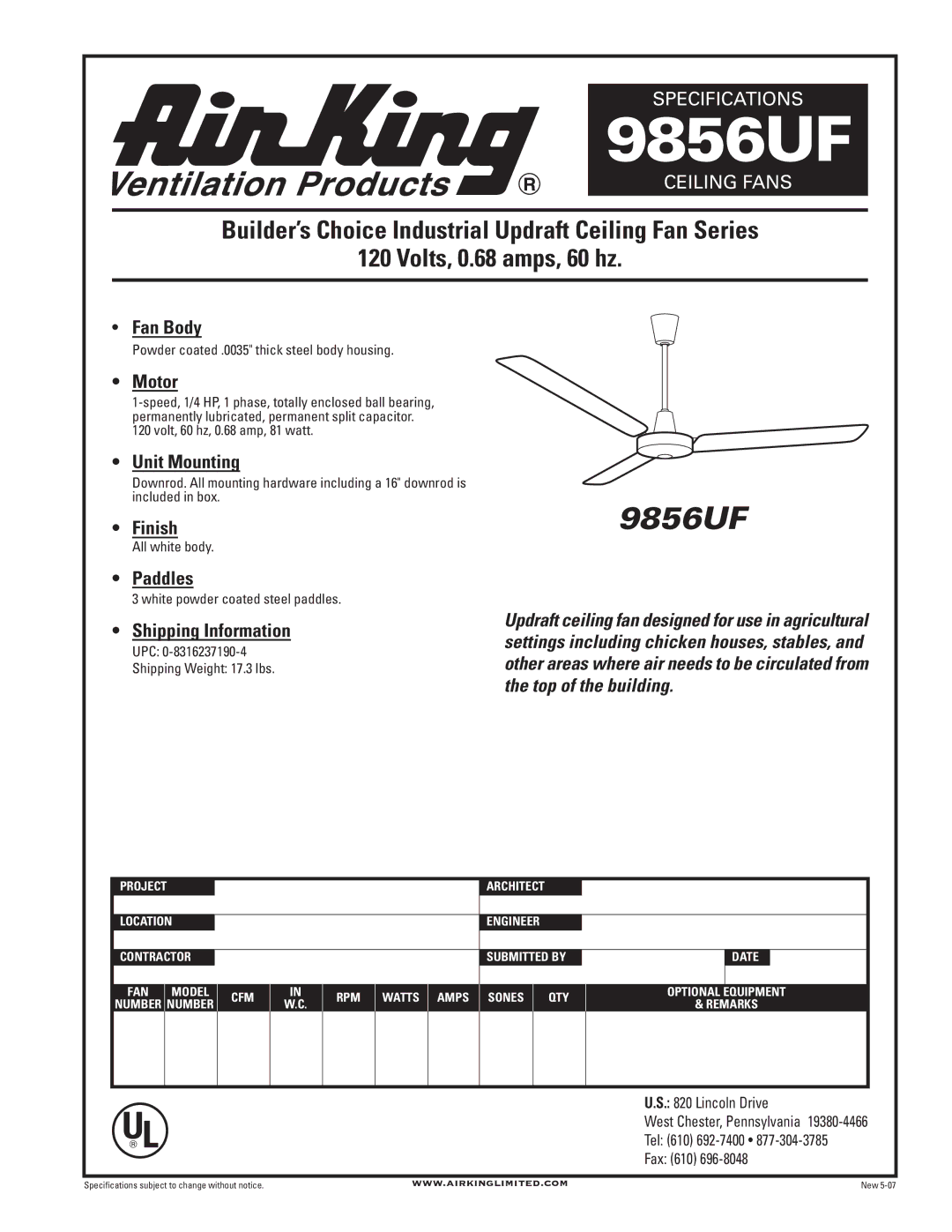 Air King 9856UF specifications 