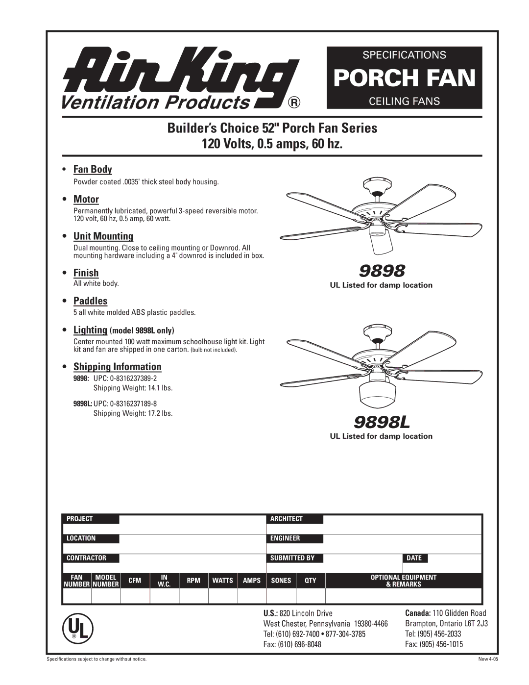 Air King specifications Porch FAN, 9898L, Builder’s Choice 52 Porch Fan Series Volts, 0.5 amps, 60 hz 