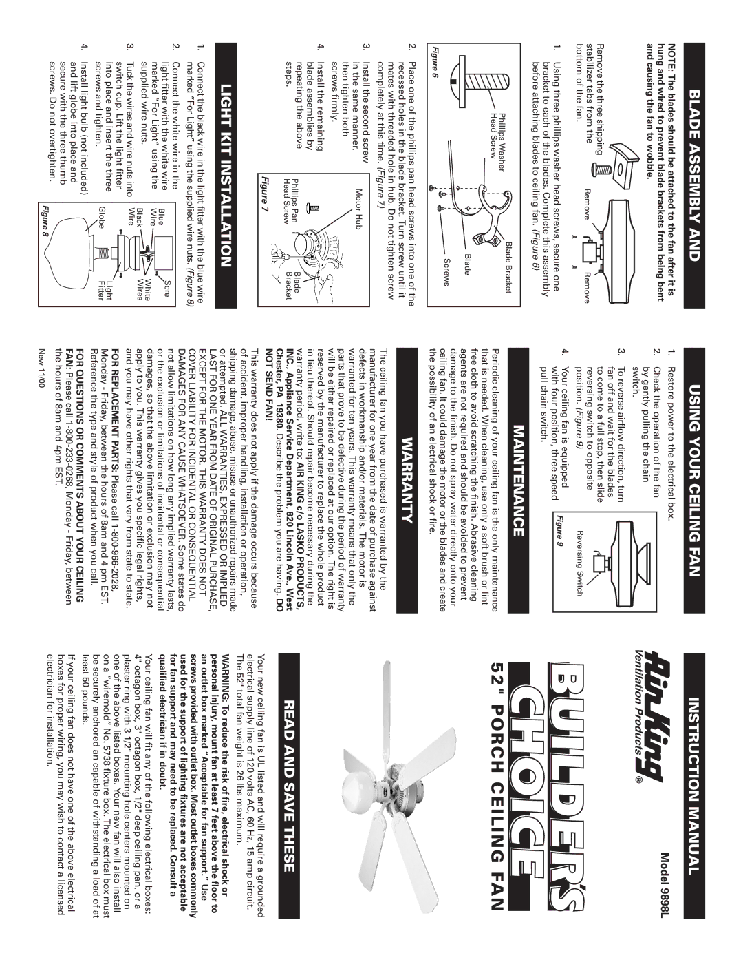 Air King 9898L warranty Blade Assembly Using Your Ceiling FAN, Maintenance, Warranty, Not Send FAN 