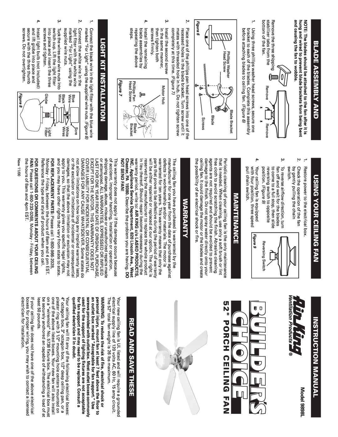 Air King warranty Blade Assembly And, Using Your Ceiling Fan, Instruction Manual, Maintenance, Warranty, Model 9898L 