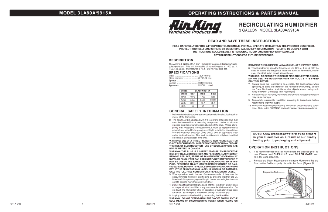 Air King 3LA80A, 9915A operating instructions Read and Save These Instructions, Description, Specifications 