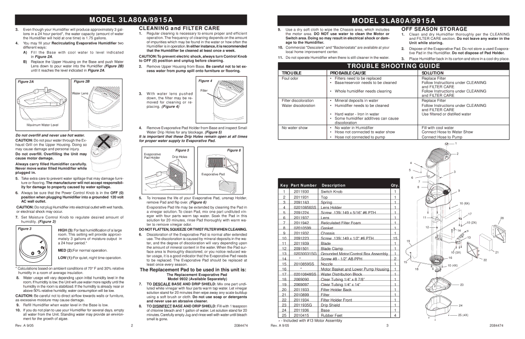 Air King 9915A, 3LA80A You may fill your Recirculating Evaporative Humidifier two, Replace Filter, AC wall outlet 