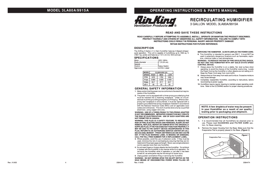 Air King operating instructions MODEL 3LA80A/9915A, Operating Instructions & Parts Manual, Description, Specifications 
