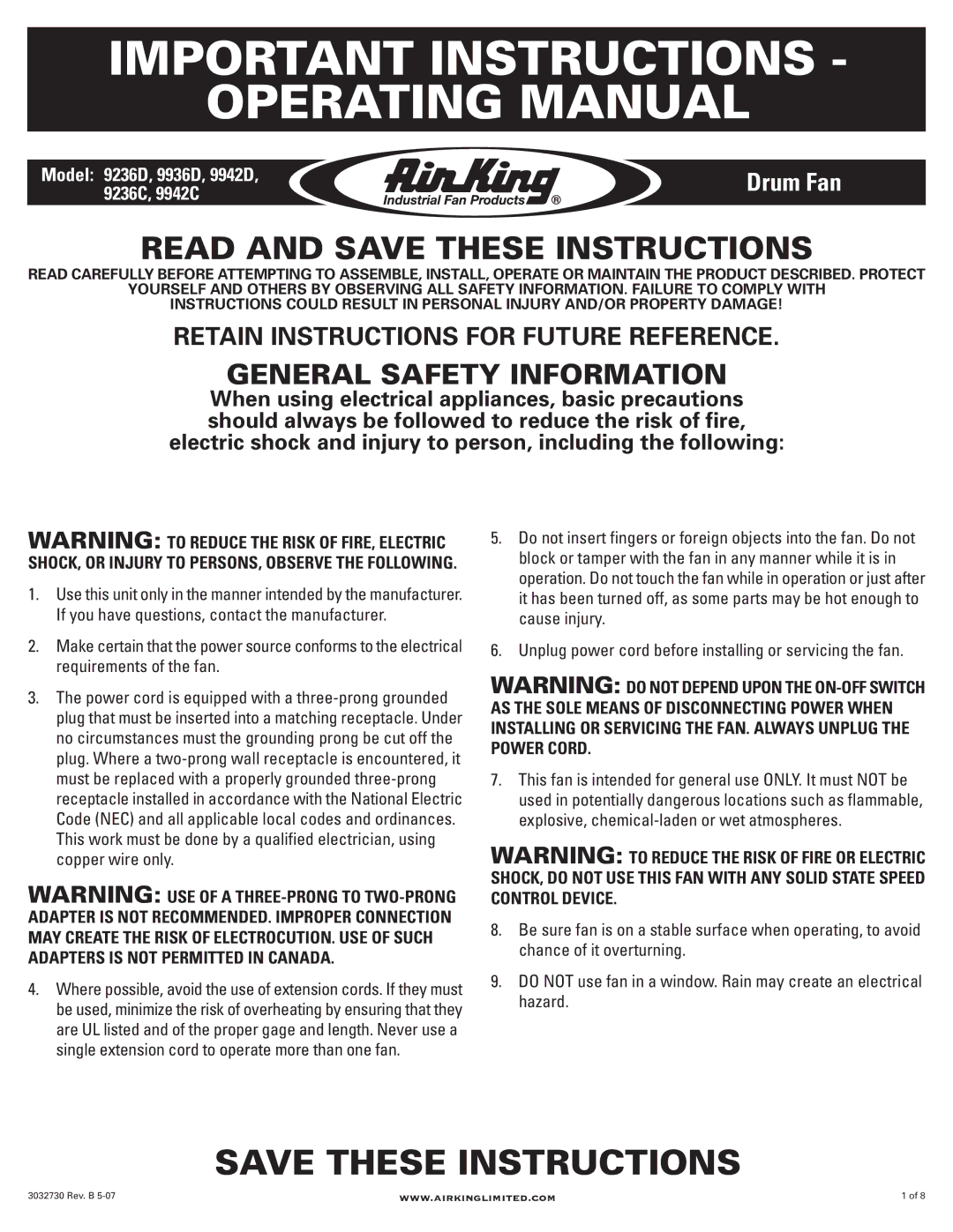 Air King 9942D, 9942C, 9236C, 9236D, 9936D manual Important Instructions Operating Manual, Read and Save These Instructions 