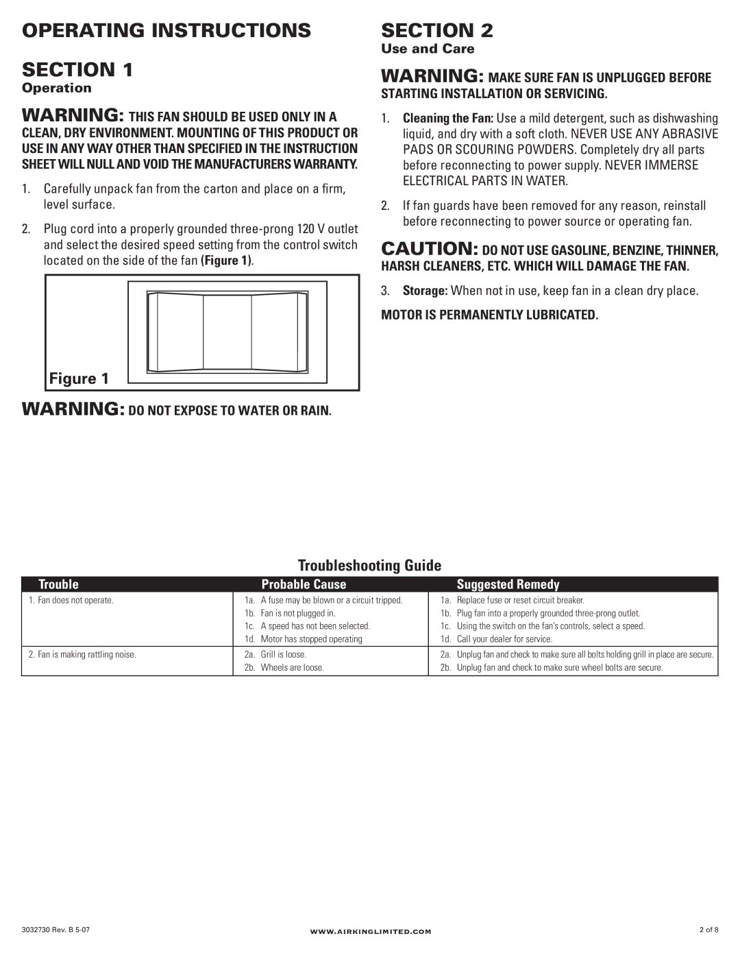 Air King 9236C, 9942C, 9942D, 9236D, 9936D Operating Instructions Section, Troubleshooting Guide, Operation, Use and Care 