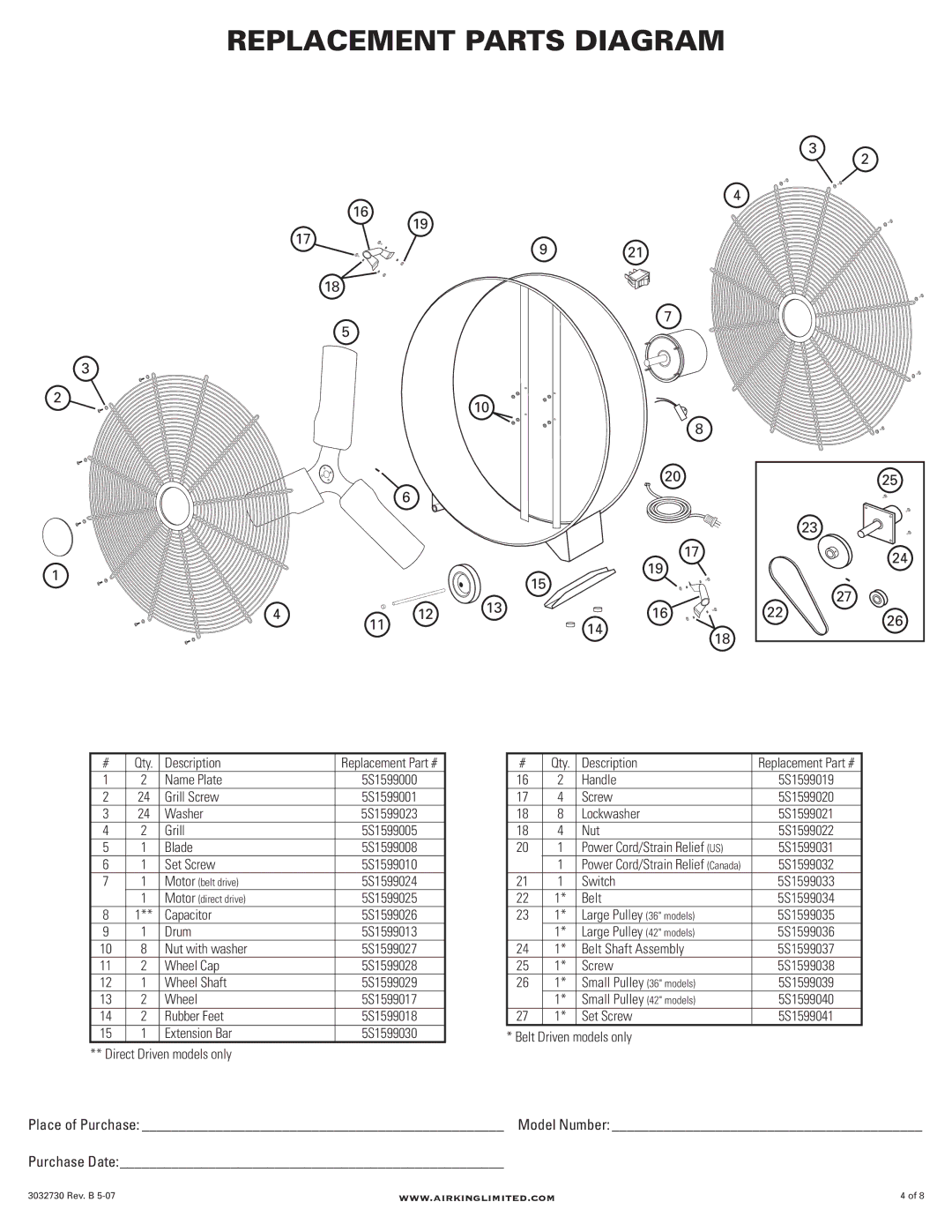 Air King 9936D, 9942C, 9942D, 9236C, 9236D manual Replacement Parts Diagram 