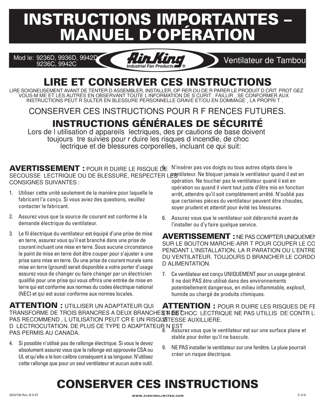 Air King 9942C, 9942D, 9236C, 9236D, 9936D Instructions Importantes Manuel D’OPÉRATION, Lire ET Conserver CES Instructions 