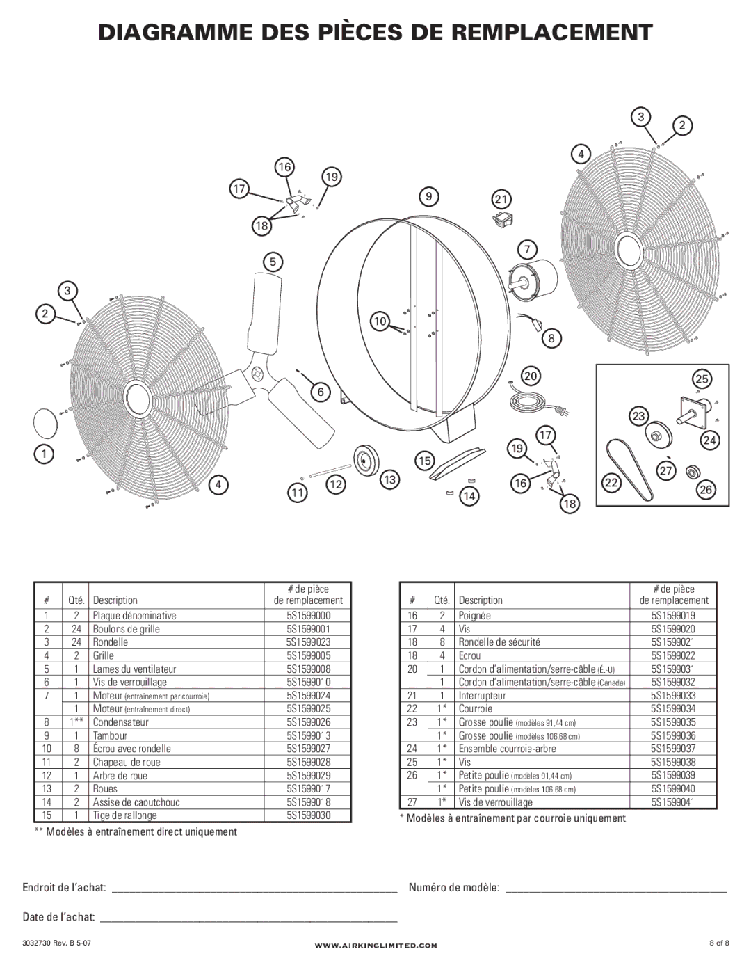 Air King 9236D, 9942C, 9942D, 9236C, 9936D manual Diagramme DES Pièces DE Remplacement, Ecrou 