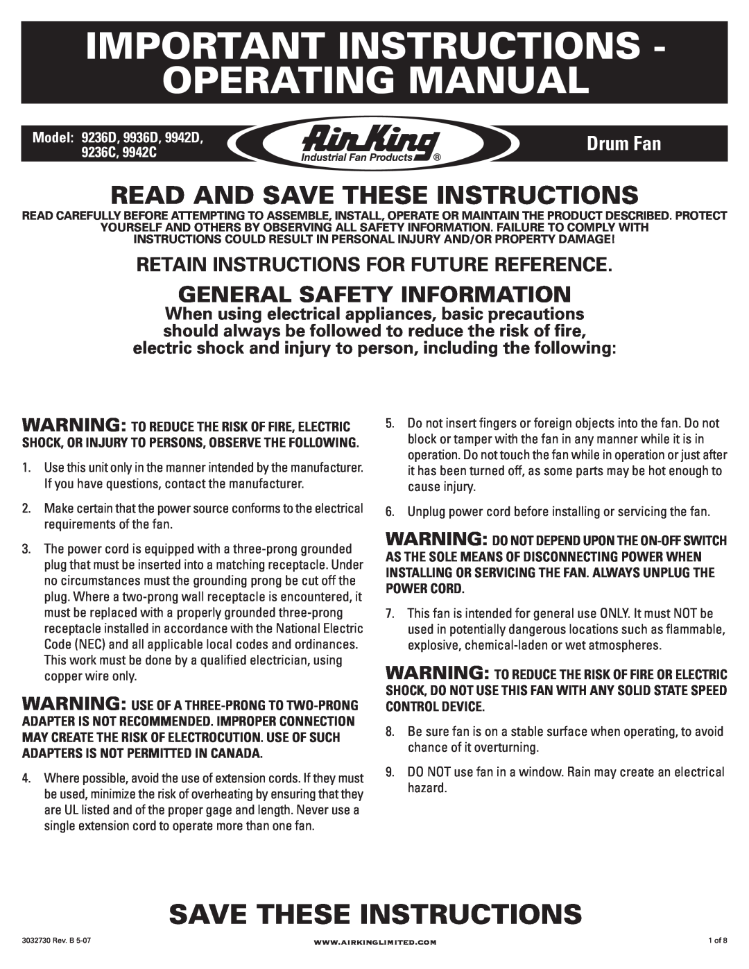 Air King 9942D, 9942C, 9236C manual Important Instructions Operating Manual, Read And Save These Instructions, Drum Fan 