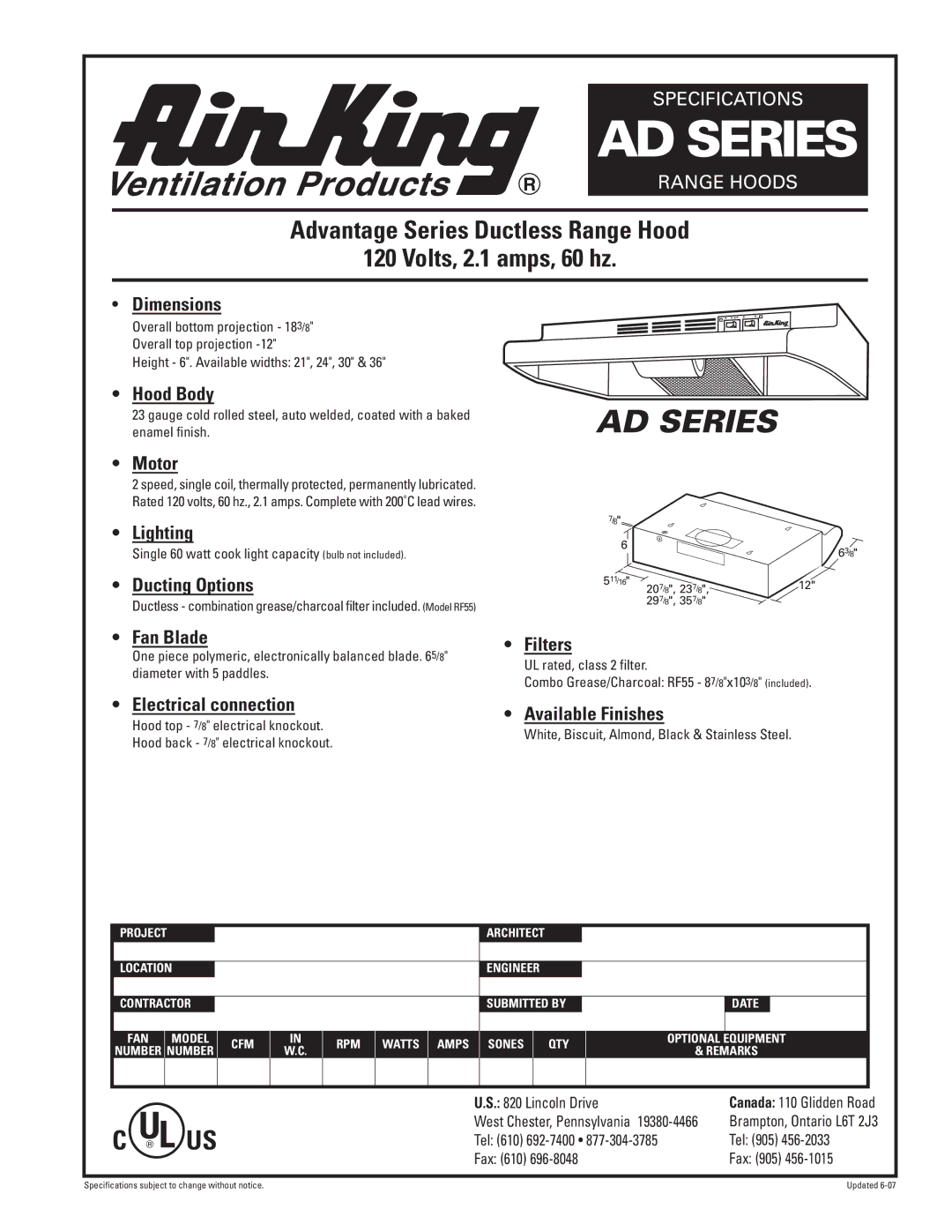 Air King AD series specifications AD Series, Advantage Series Ductless Range Hood Volts, 2.1 amps, 60 hz 