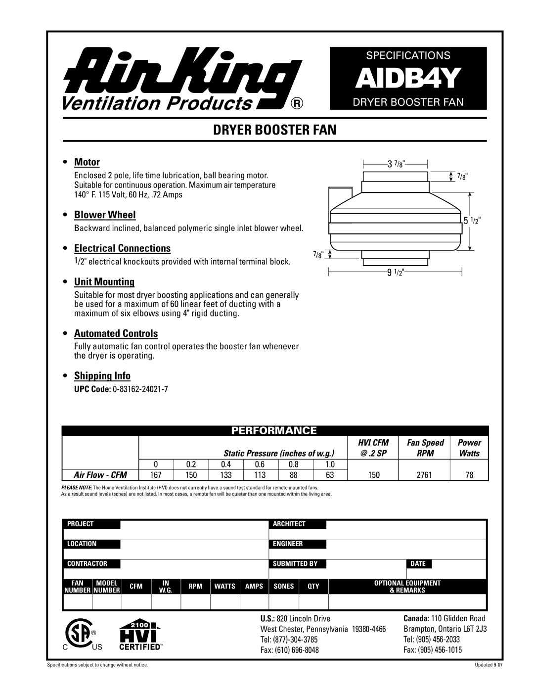 Air King AIDB4Y specifications Dryer Booster FAN, Performance 