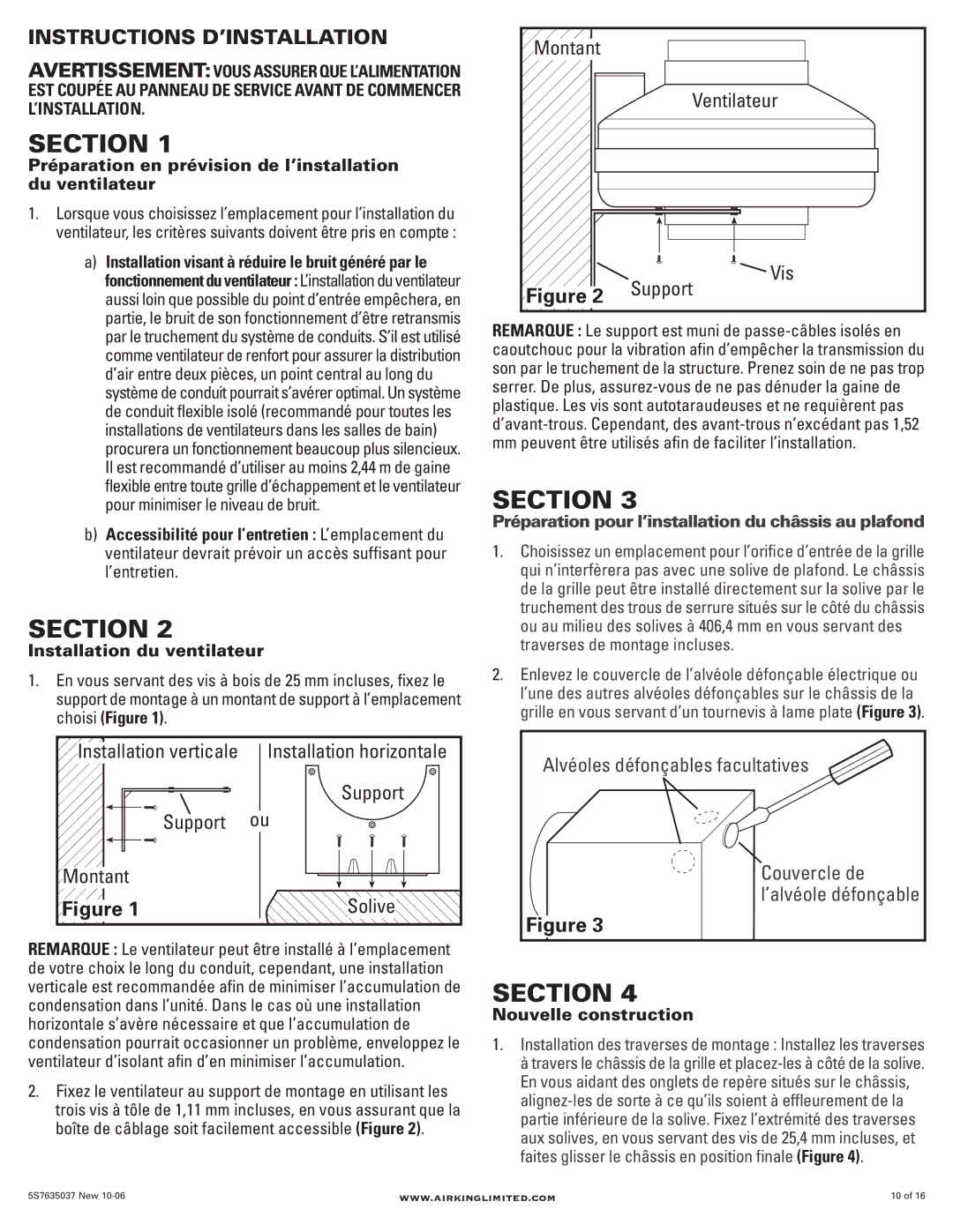 Air King AIK26YL, AIK14XL manual Installation verticale, Support Montant, Montant Ventilateur Vis, Installation horizontale 