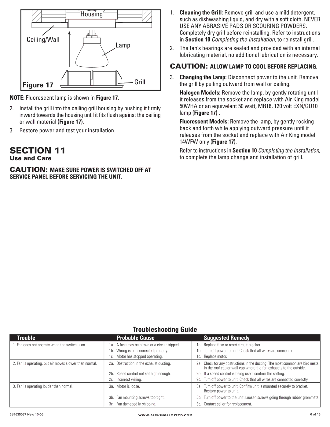 Air King AIK14XL, AIK14XF, AIK26YF, AIG46HL, AIK26YL, AIG46F manual Ceiling/Wall Lamp, Grill, Use and Care 