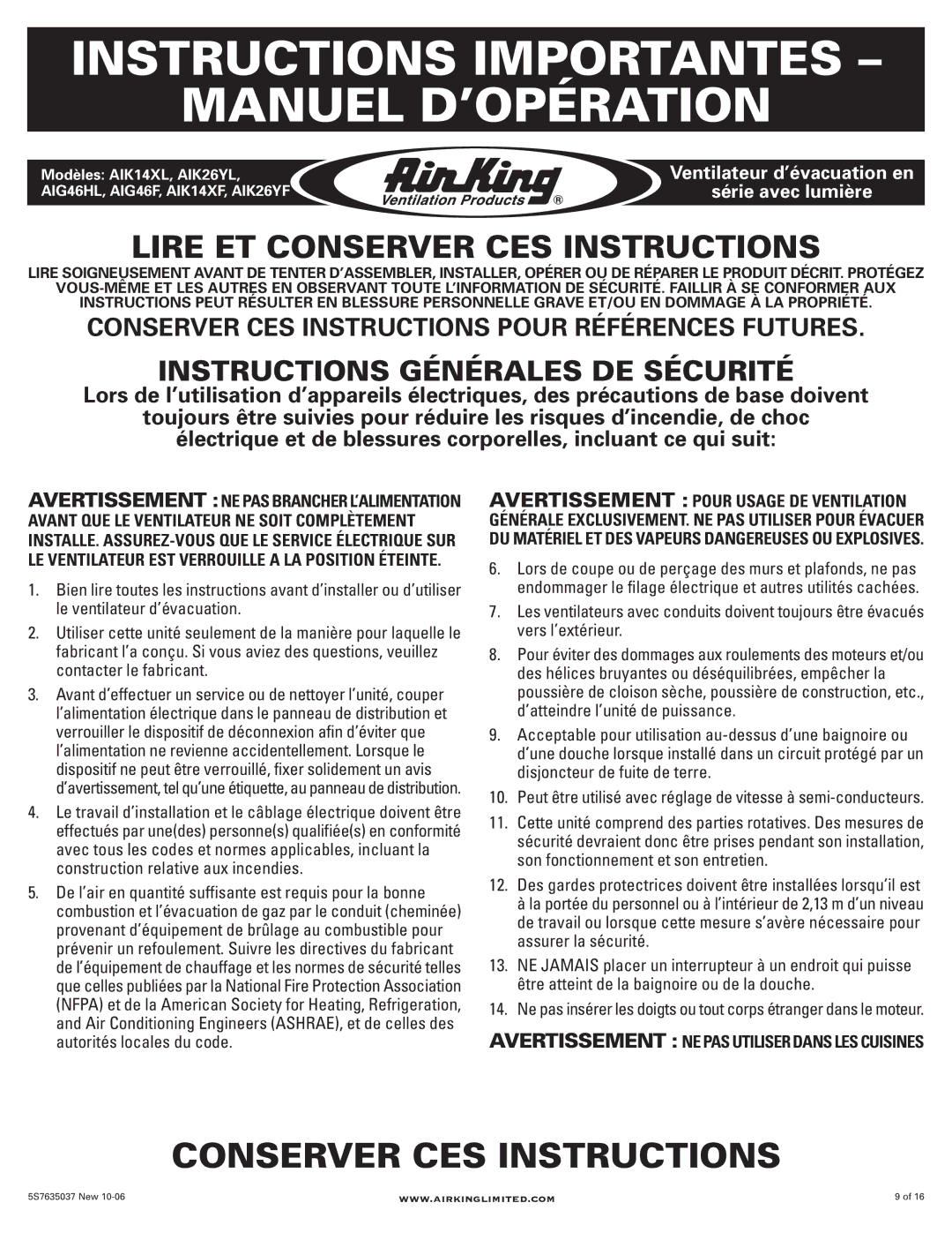 Air King AIG46HL, AIK14XL, AIK14XF, AIK26YF Instructions Importantes Manuel D’OPÉRATION, Instructions Générales DE Sécurité 