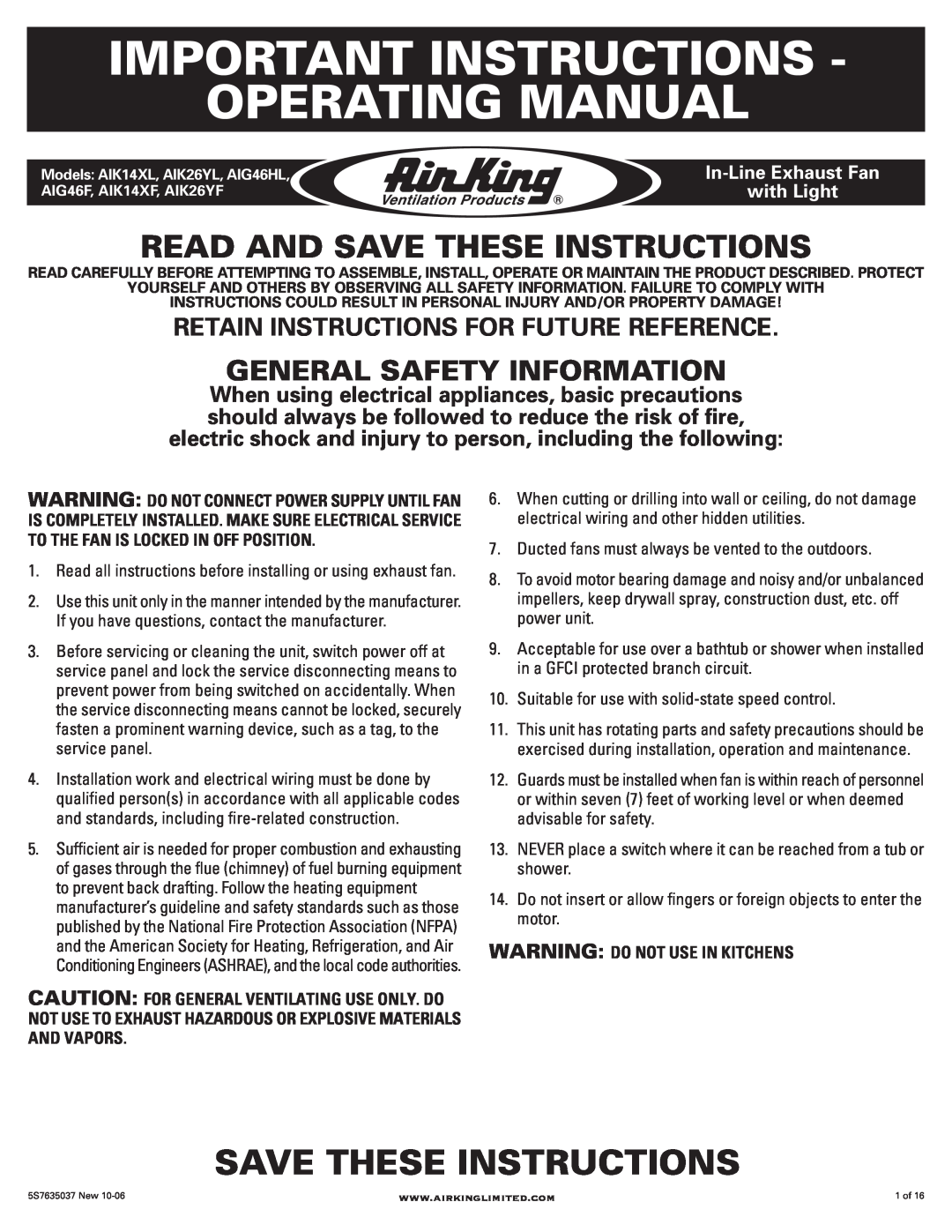 Air King AIK14XF, AIK14XL, AIK26YF manual Important Instructions Operating Manual, Read And Save These Instructions 