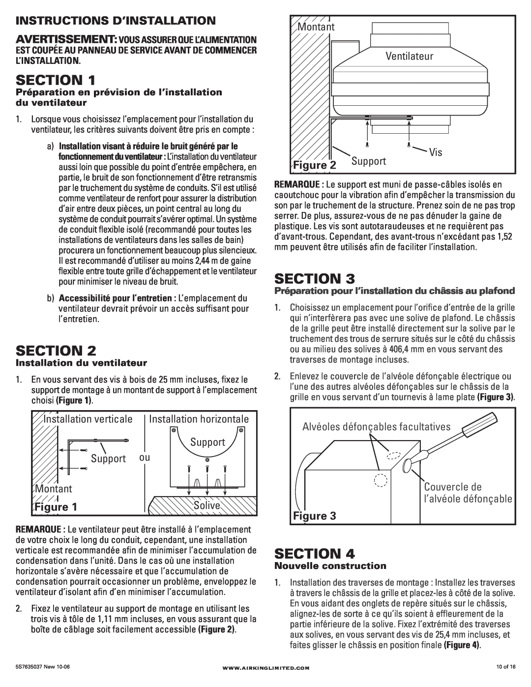 Air King AIK26YL, AIK14XL manual Instructions D’Installation, Section, Installation horizontale, Installation du ventilateur 