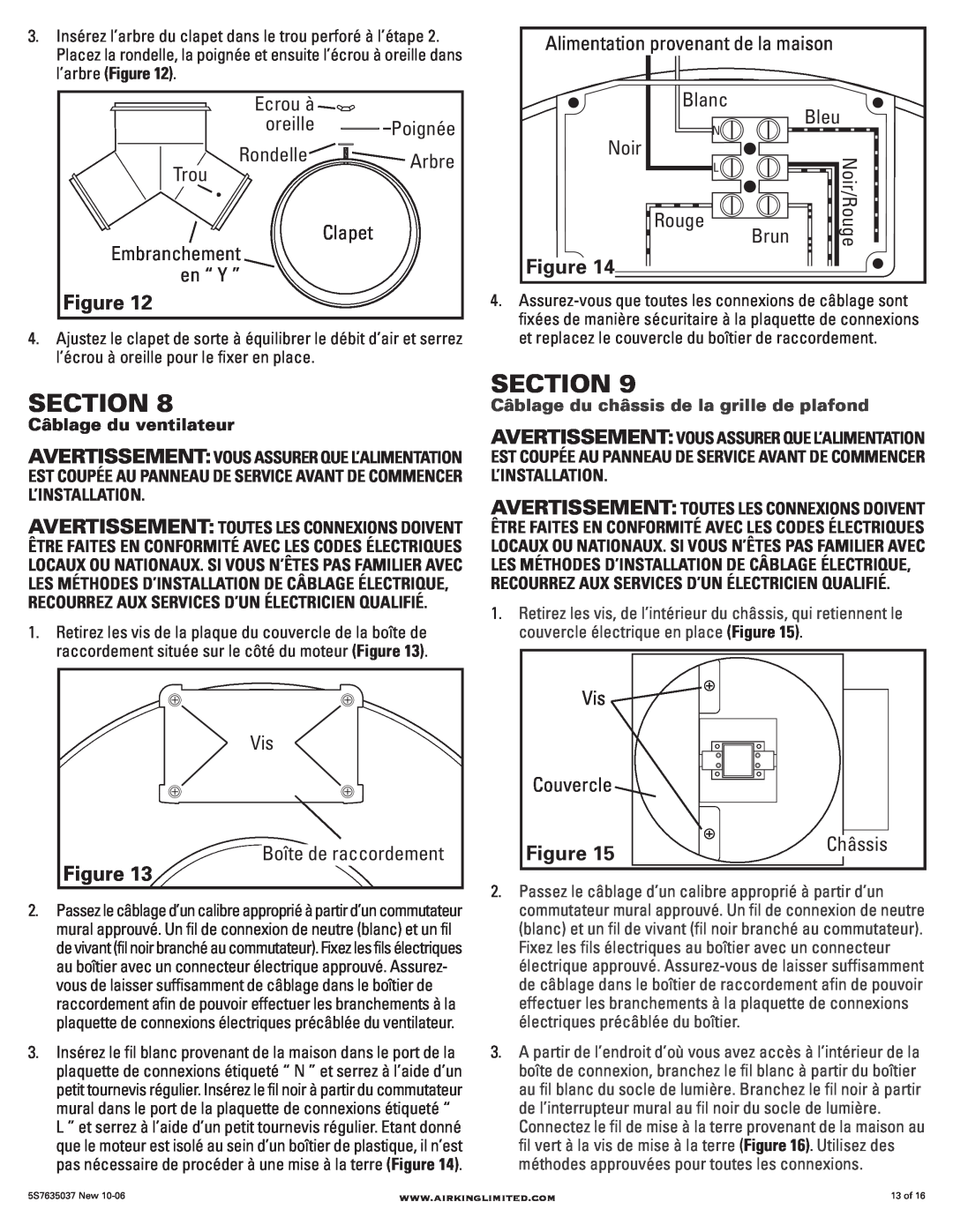 Air King AIK14XF manual Section, Embranchement en “ Y ”, Câblage du ventilateur, Câblage du châssis de la grille de plafond 