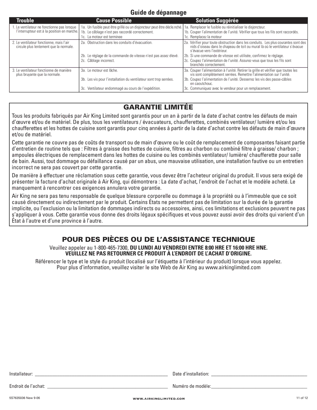 Air King AIK16X, AIK26Y, AIK14X, AIK24Y, AIG6, AIG4, AIF10X manual Garantie Limitée, Pour DES Pièces OU DE L’ASSISTANCE Technique 