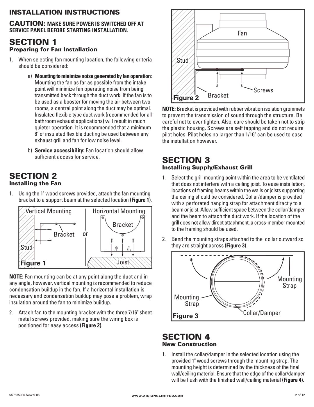 Air King AIK14X Installation Instructions, Vertical Mounting, Bracket Stud, Fan Stud Screws, Mounting Strap Collar/Damper 