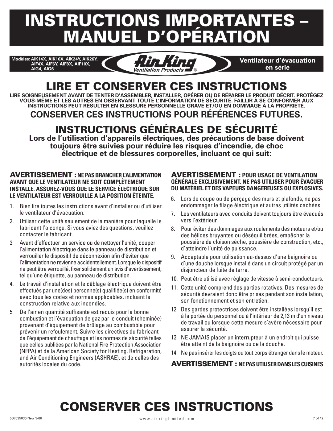 Air King AIF8X, AIK26Y, AIK16X, AIK14X, AIG6 Instructions Importantes Manuel D’OPÉRATION, Instructions Générales DE Sécurité 