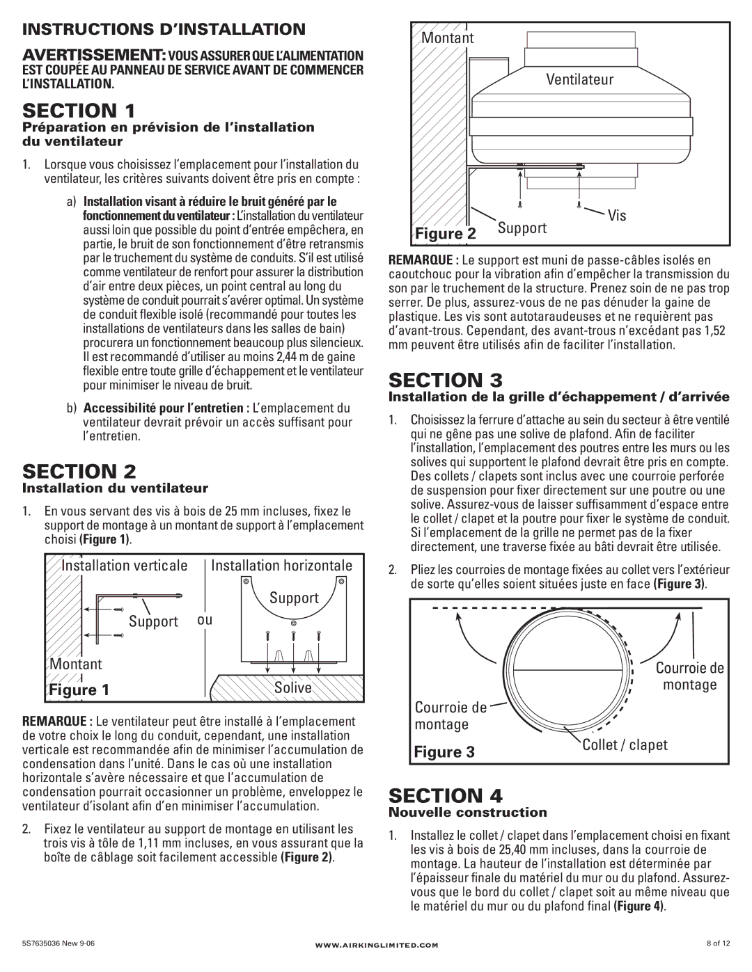 Air King AIF4X, AIK26Y, AIG6 Instructions D’INSTALLATION, Installation verticale, Support Montant, Montant Ventilateur Vis 