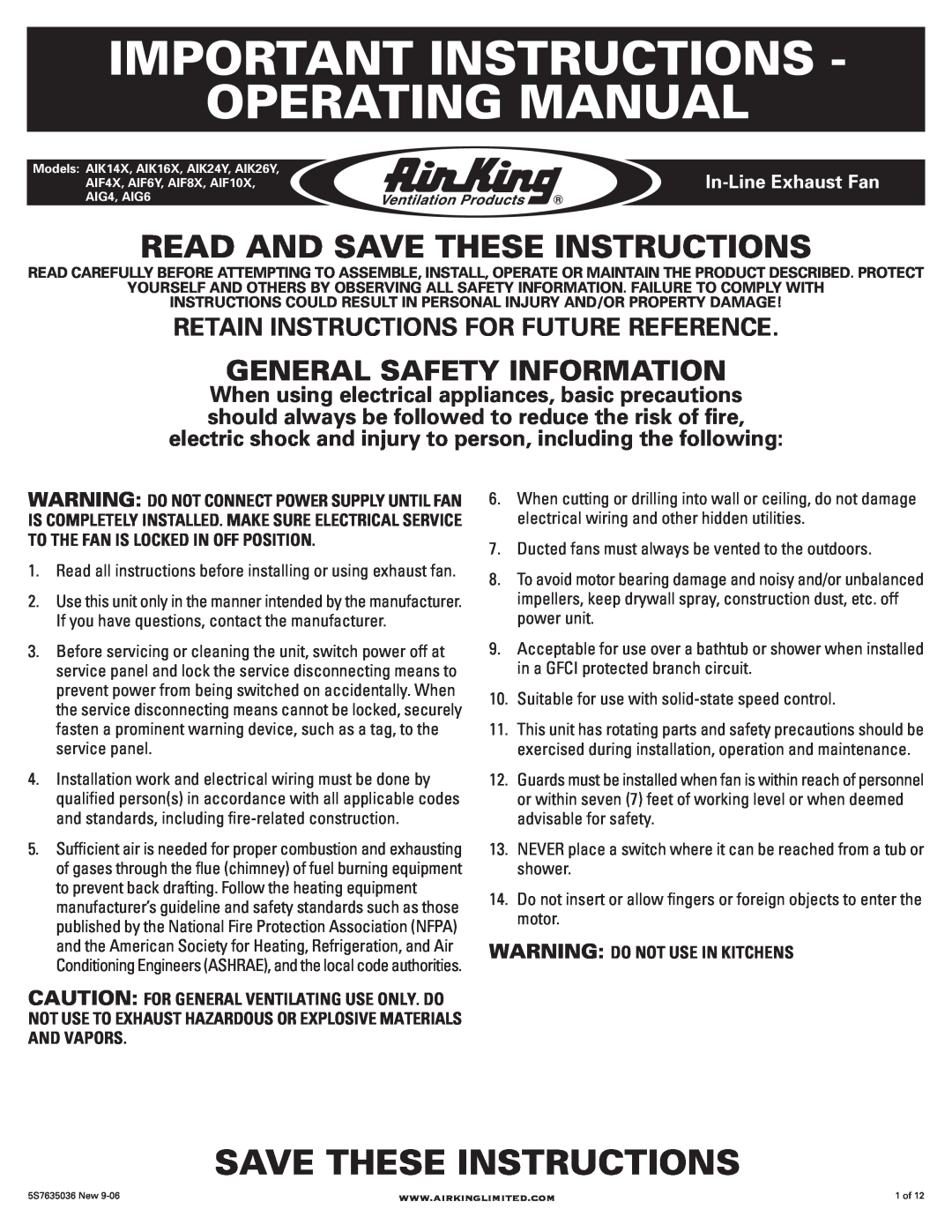 Air King AIK16X manual Important Instructions Operating Manual, Read And Save These Instructions, In-Line Exhaust Fan 