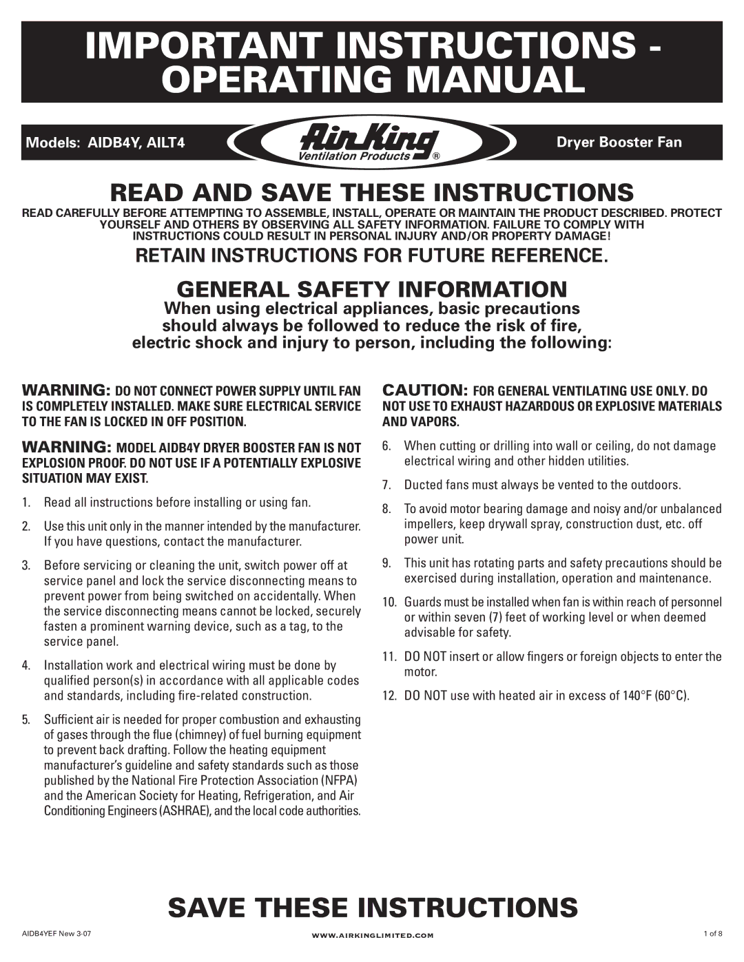 Air King AILT4 manual Important Instructions Operating Manual, Read and Save These Instructions 