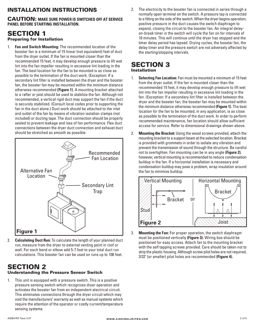 Air King AILT4 manual Installation Instructions, Vertical Mounting, Bracket Stud 