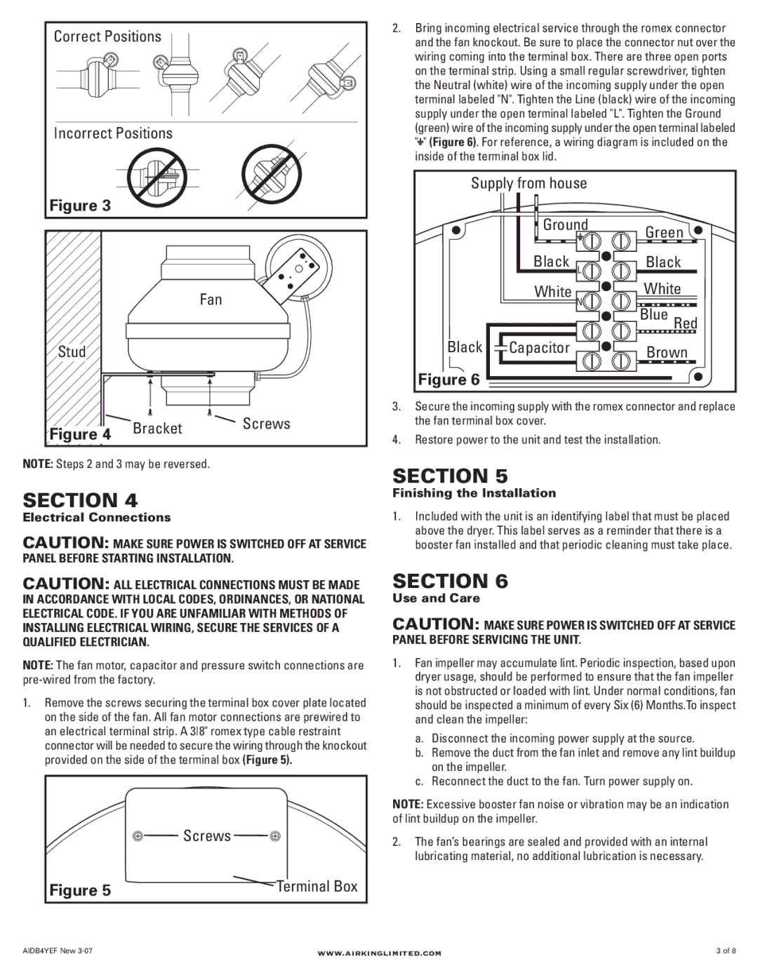 Air King AILT4 manual Correct Positions, Fan Stud Bracket, Screws, Supply from house Ground Green Black L White 