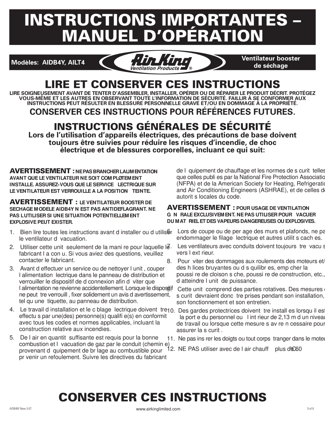 Air King AILT4 manual Instructions Importantes Manuel D’OPÉRATION, Lire ET Conserver CES Instructions, De séchage 