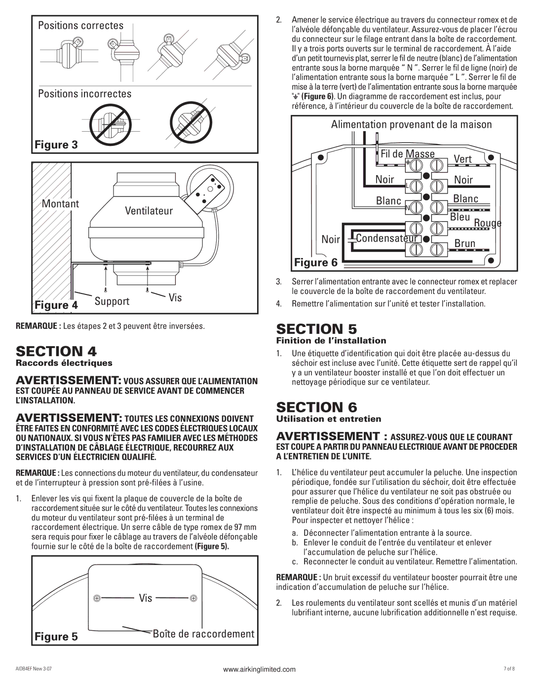 Air King AILT4 manual Positions correctes, Montant Ventilateur Support, Vis, Alimentation provenant de la maison, Vert 